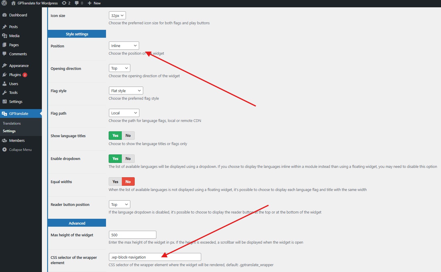 gptranslate inline position