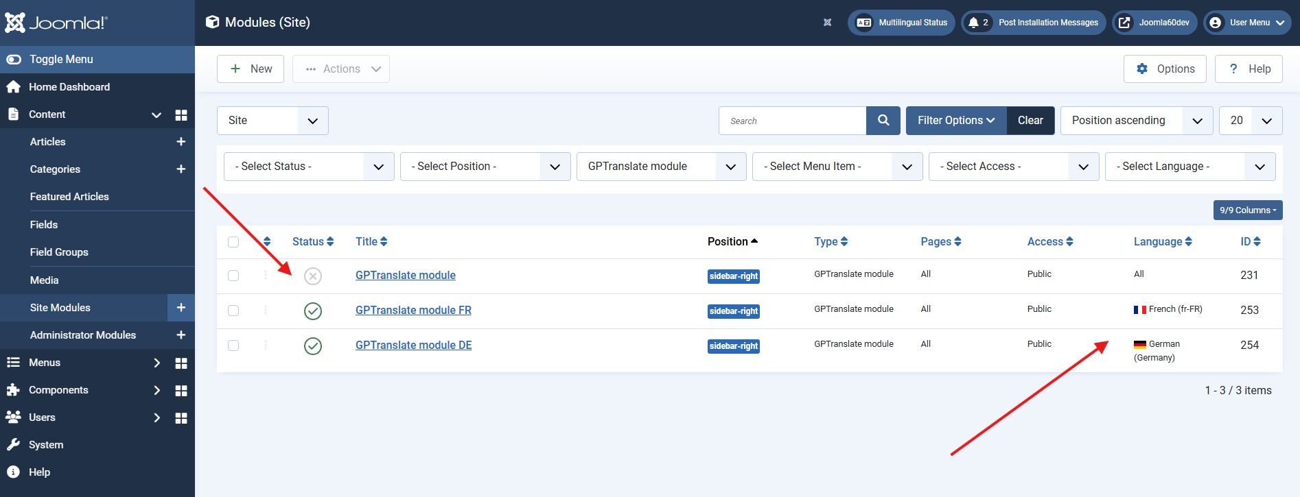gptranslate Joomla modules