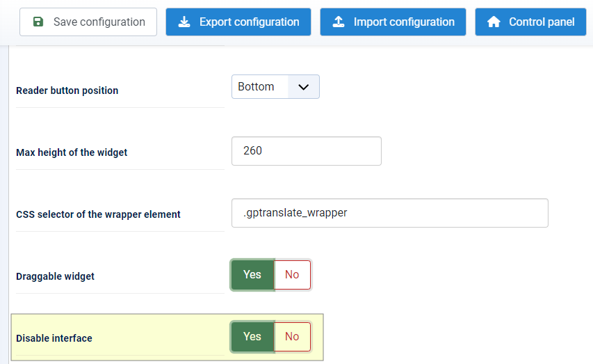gptranslate disable interface