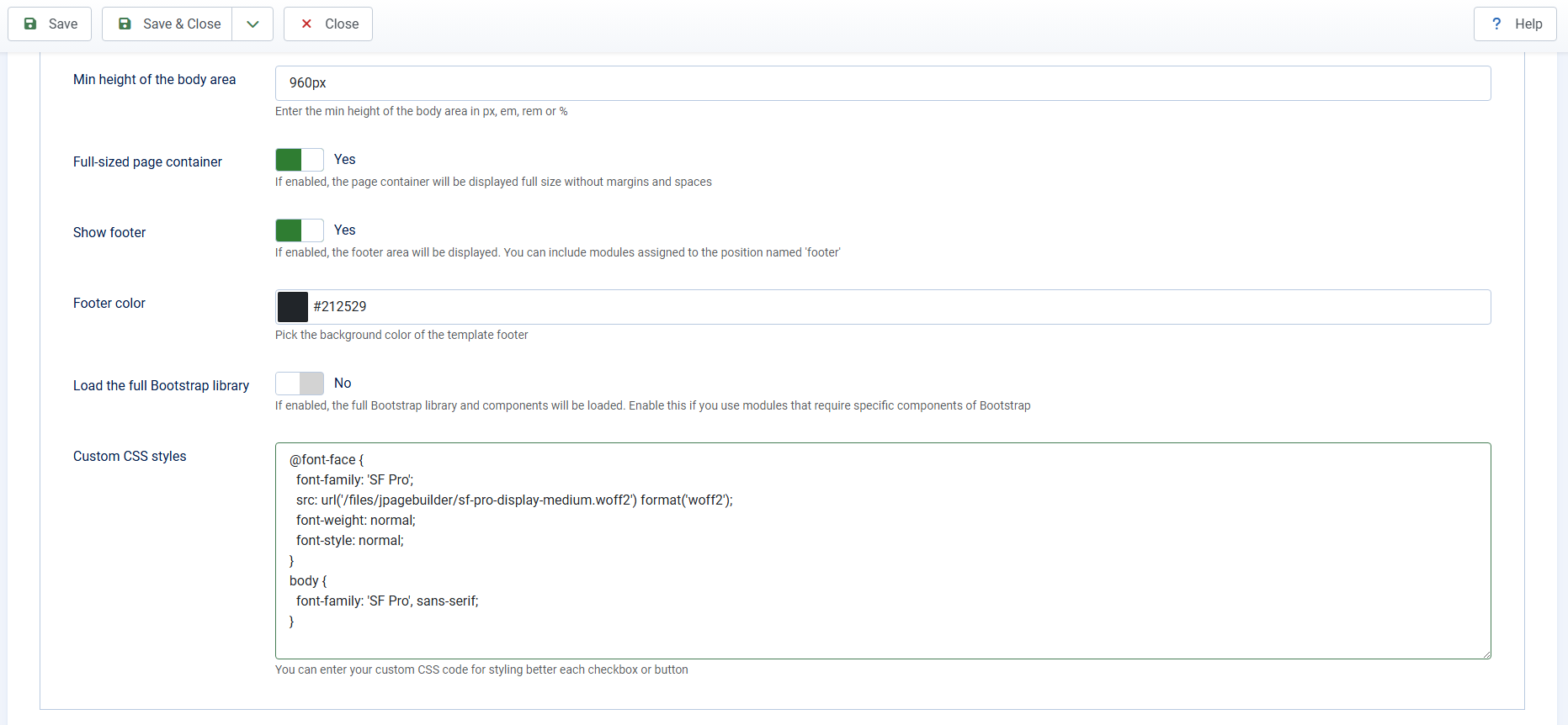 Add custom CSS in JPageBuilder template settings