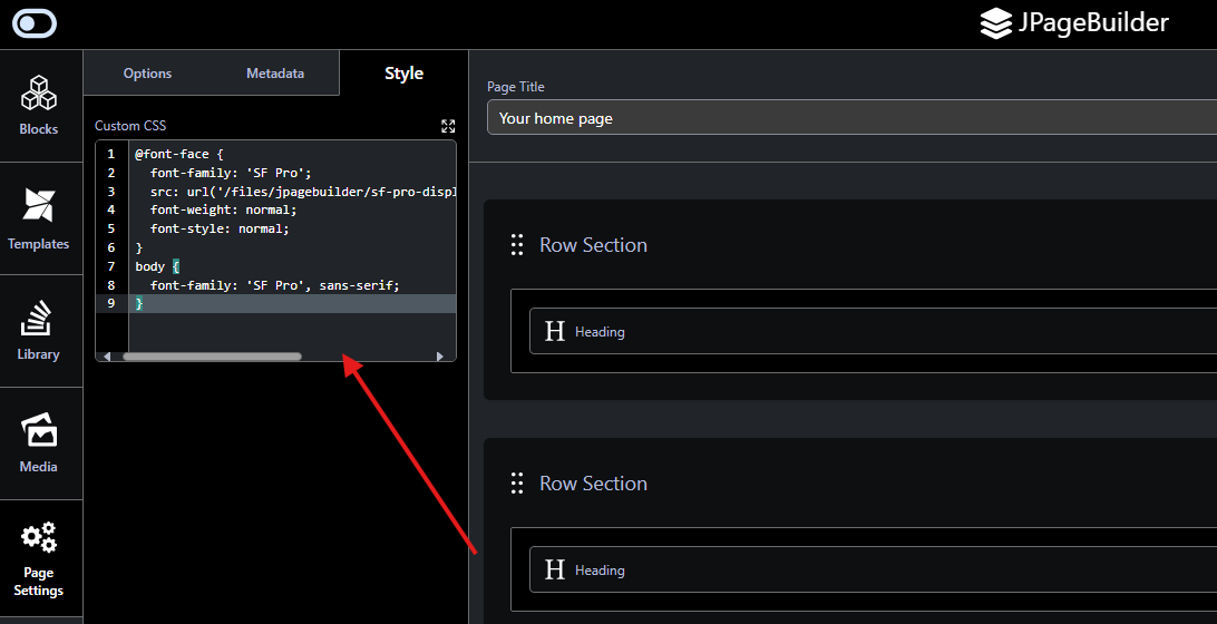 Add custom CSS in page settings