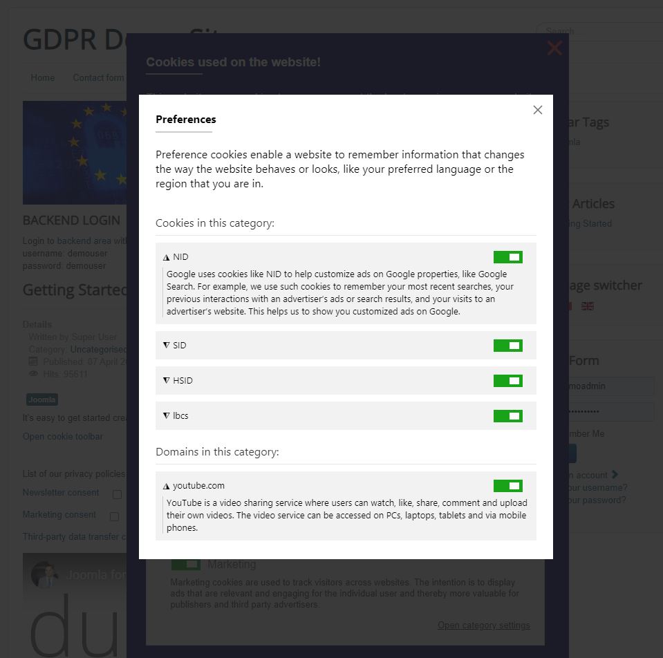 Cookie consent popup with descriptions of cookies and domains