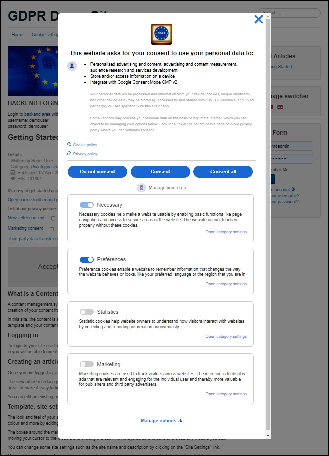 Cookie consent toolbar with Google CMP v2 consent