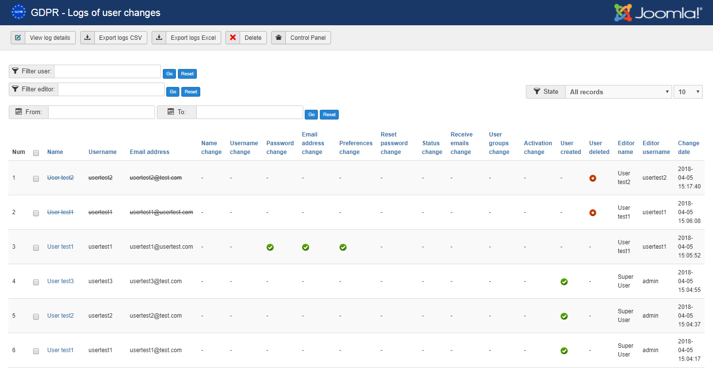 Logs of user changes