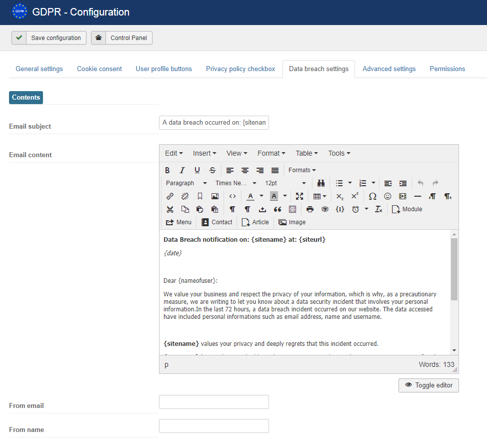 Data breach email content