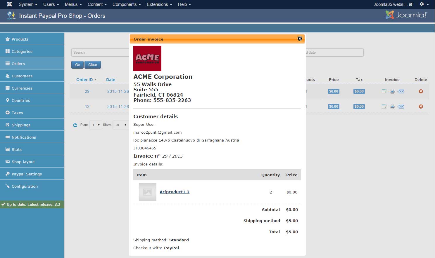 Invoice for orders