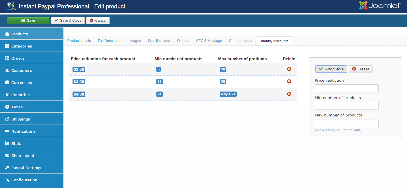 Discounts based on product quantity