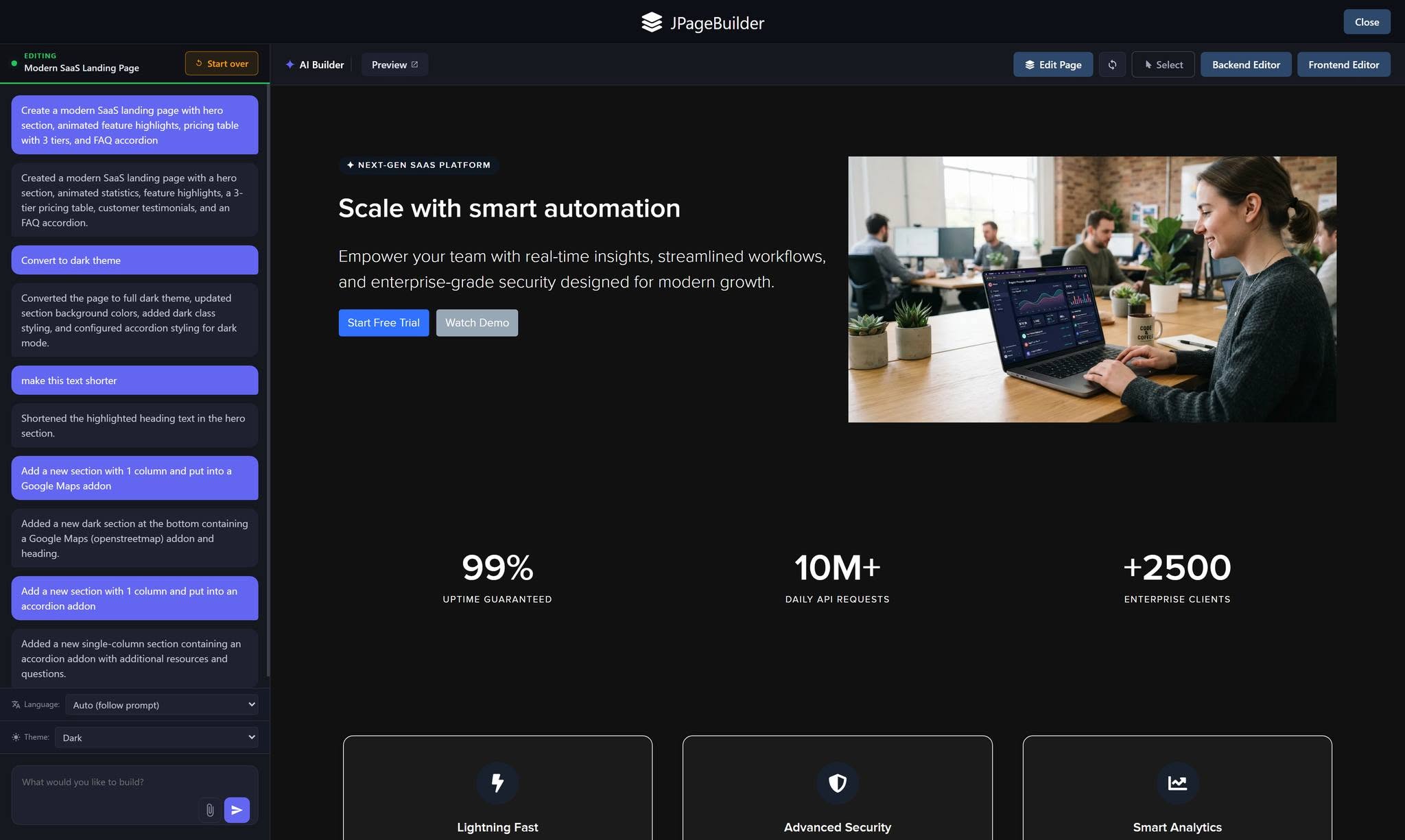 AI Builder generating a page from a prompt