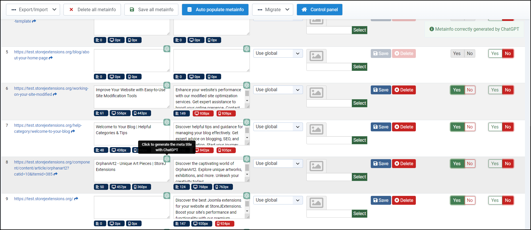 Search Engines Metainfo Dashboard