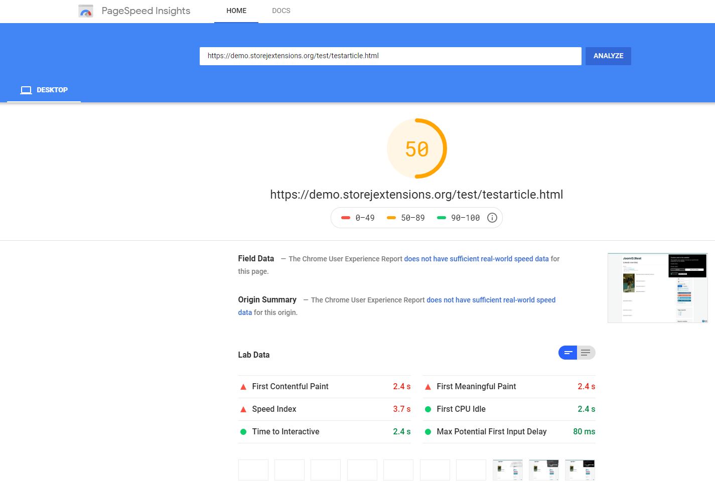 PageSpeed test without JSpeed plugin