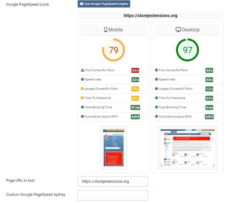 Google PageSpeed test integration