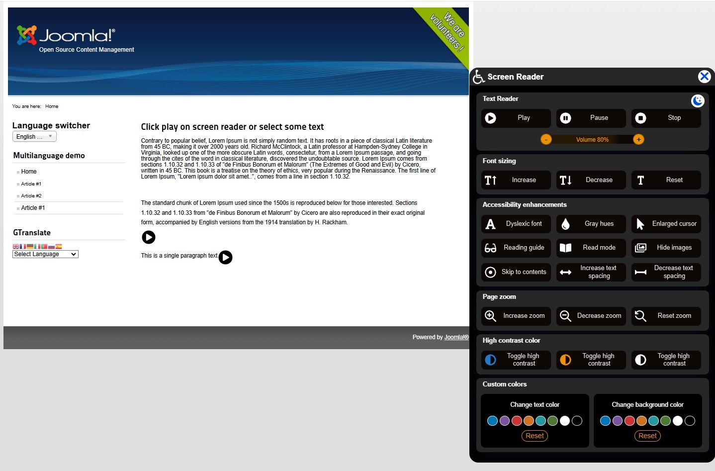 Screen Reader interface popup