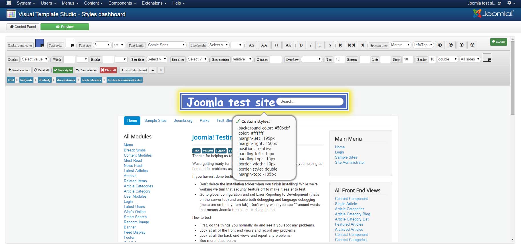 Styles dashboard applied